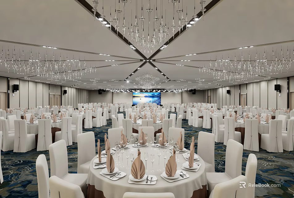 Elegant Banquet Hall With Round Tables White Chairs Table Settings And Chandeliers 3d model 