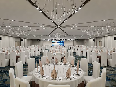 Elegant Banquet Hall With Round Tables White Chairs Table Settings And Chandeliers 3d model