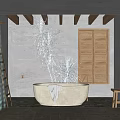 Elegant Designer Bathroom With Bathtub Plants Wooden Beams Gray Walls And Shutter Windows