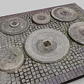 Square Platform With Circular Metal Covers On Brick Patterned Paving Surface 3d model