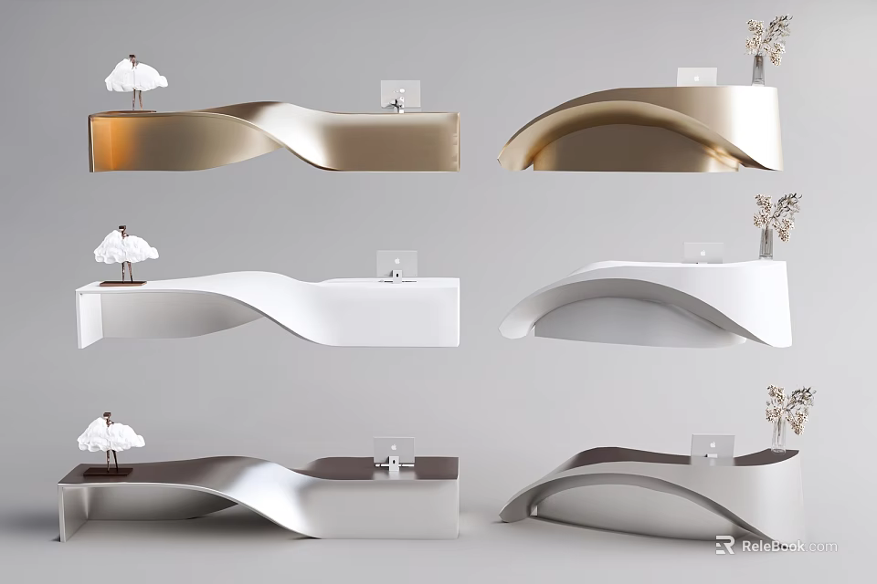 Stylish Modern Reception Desks With Curved Wave Design In Gold White Dark Colors 3d model 
