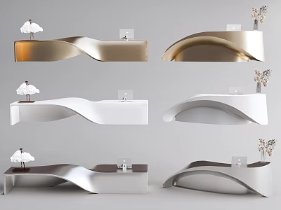 Stylish Modern Reception Desks With Curved Wave Design In Gold White Dark Colors 3d model