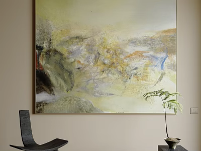 Abstract Oil Painting on Beige Wall with Black Chair and Potted Plant 3d model