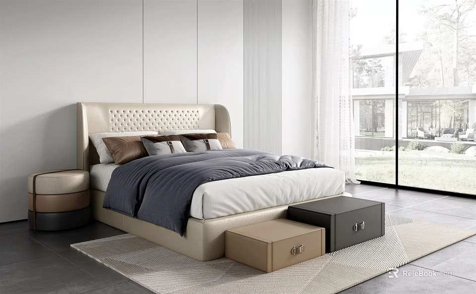 Modern Double Bed With Upholstered Headboard Plush Bedding Storage Boxes And Round Nightstand 3d model