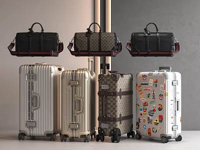 Assorted Travel Luggage Featuring Duffel Bags and Checkered Sticker Adorned Suitcases 3d model