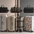 Assorted Travel Luggage Featuring Duffel Bags and Checkered Sticker Adorned Suitcases