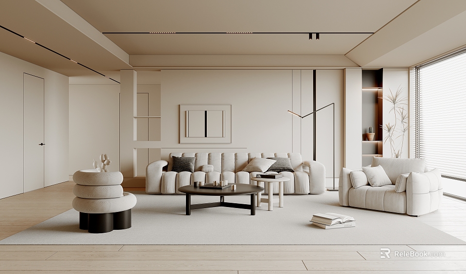 Modern Minimalist Living Room Interior With Beige Sofa Coffee Table Floor Lamp Bookshelf And Rug 3d model 
