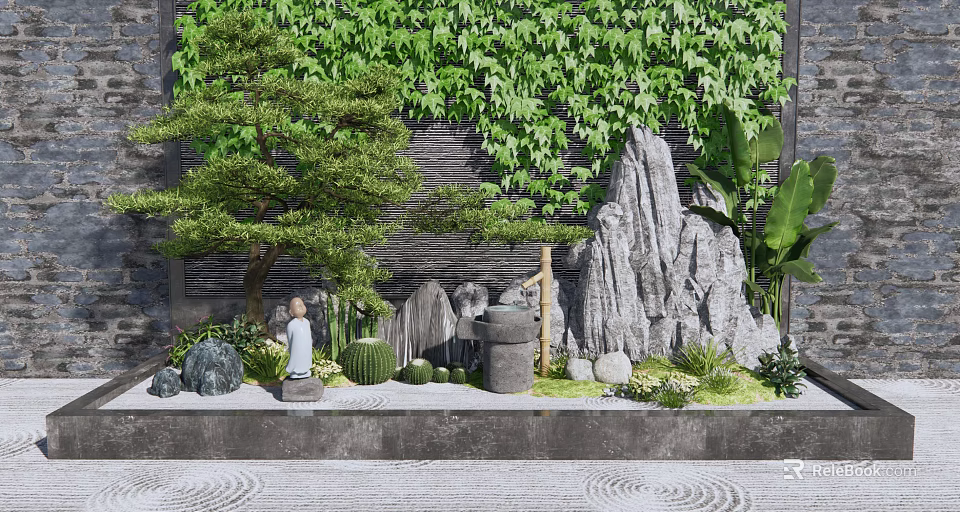 Tranquil Zen Garden Ornament with Lush Green Wall Rockery Stones and Potted Plants 3d model 