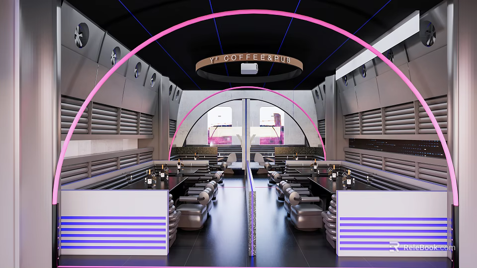 Modern Bar Interior Design With Arched Neon Lights Leather Booths And Comfortable Seating 3d model 