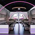 Modern Bar Interior Design With Arched Neon Lights Leather Booths And Comfortable Seating