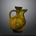 Handcrafted Ceramic Sculpture Carving With Yellow Green Glaze Spiral Patterns Handle And Spout