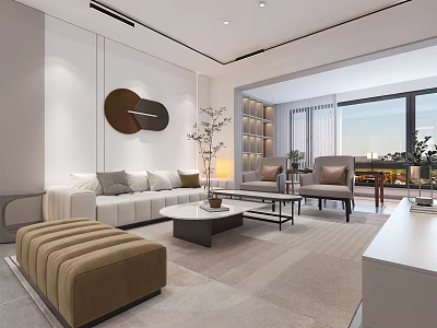 Elegant Bright Modern Living Room Interior With Comfortable Sofas Chairs Coffee Tables And Large Windows 3d model