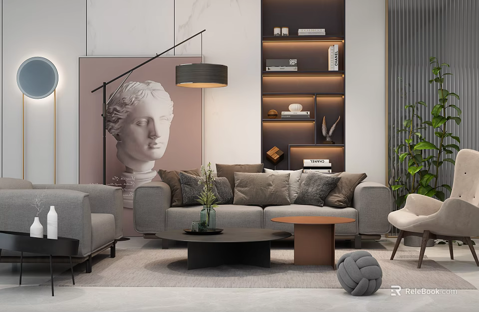 Modern Sofa And Coffee Table Set In Contemporary Interior With Throw Pillows And Decorative Plants 3d model 