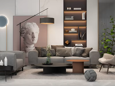 Modern Sofa And Coffee Table Set In Contemporary Interior With Throw Pillows And Decorative Plants 3d model