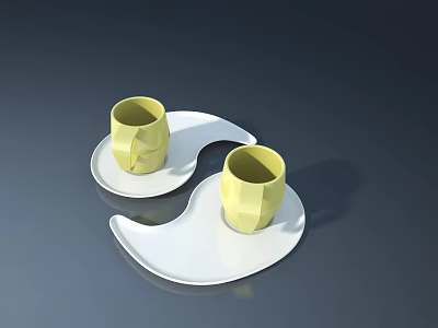 Yellow Ceramic Cups Placed On White Curved Tray With Dark Background 3d model