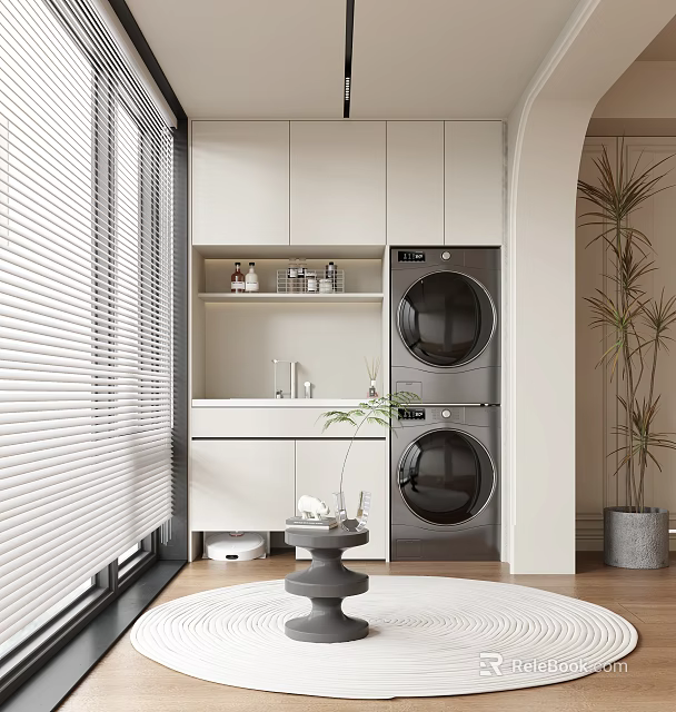 Home Balcony Interior With Laundry Center White Blinds Cabinets And Potted Plants 3d model 