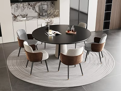 Modern Round Dining Table Set With Six Mixed Upholstered Chairs And Round Rug In Kitchen 3d model