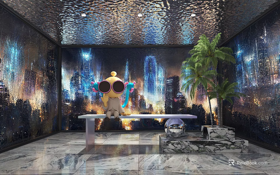 Modern Clubhouse Interior Featuring Cartoon Doll City Night Light Wall Marble Floor And Plant Decorations 3d model 