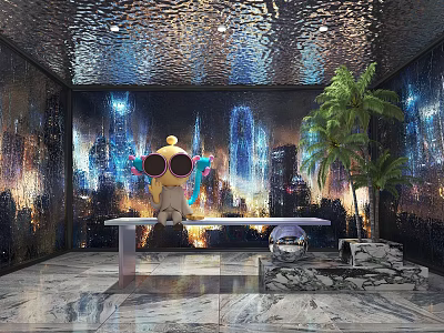 Modern Clubhouse Interior Featuring Cartoon Doll City Night Light Wall Marble Floor And Plant Decorations 3d model