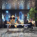 Modern Clubhouse Interior Featuring Cartoon Doll City Night Light Wall Marble Floor And Plant Decorations