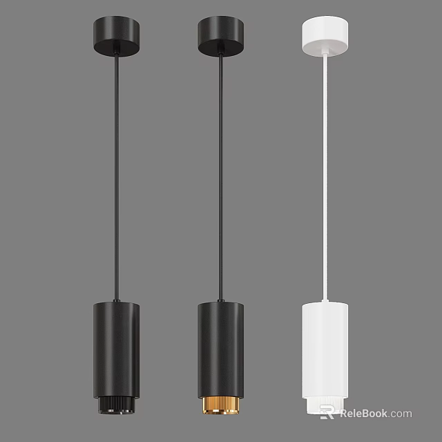 Three Modern Cylindrical Pendant Lights In Black And White Minimalist Design 3d model 