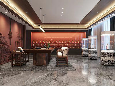 Luxurious Chinese-style Liquor Store Interior Featuring Display Cabinets Wine Racks Rosewood Tables And Marble Flooring 3d model