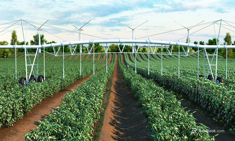 Agricultural Garden Landscape With Windmill Irrigation System Green Crop Rows And Soil Paths 3d model 