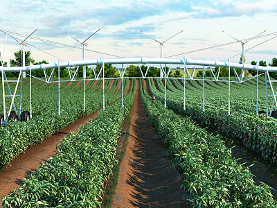 Agricultural Garden Landscape With Windmill Irrigation System Green Crop Rows And Soil Paths 3d model