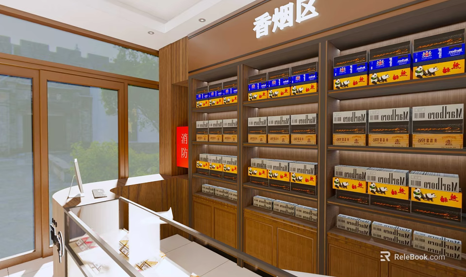Tobacco and Alcohol Store Interior With Wooden Shelves And Cigarette Display Products 3d model 
