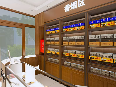 Tobacco and Alcohol Store Interior With Wooden Shelves And Cigarette Display Products 3d model