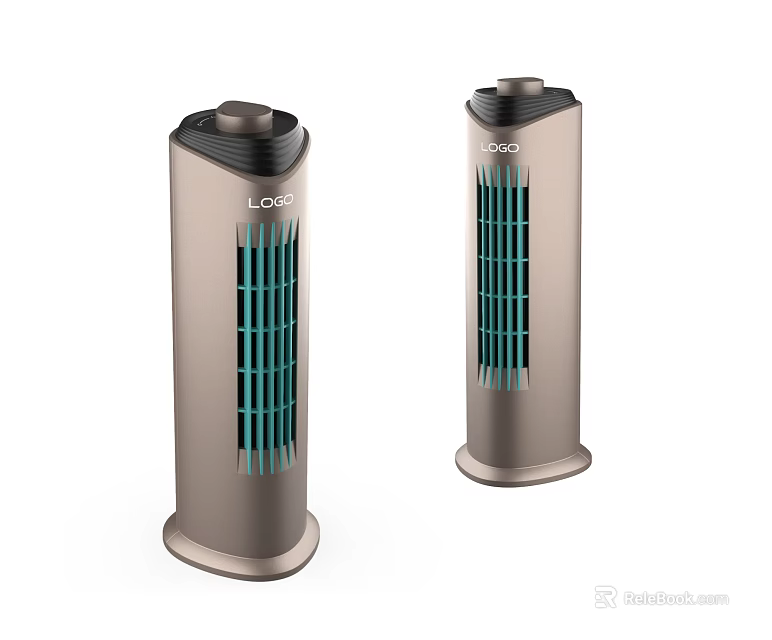 Modern Metallic Tower Air Cooler Fan With Logo And Green Grille Design 3d model 