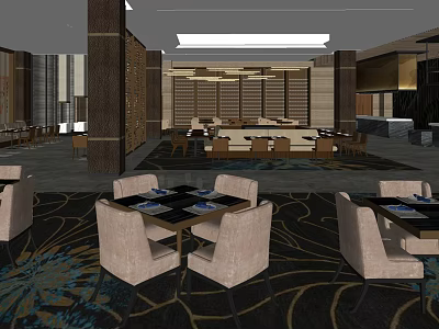 Elegant Restaurant Interior With Beige Chairs Dark Patterned Carpet Wooden Pillars And Ceiling Lights 3d model