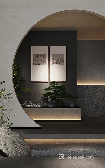 Modern Elevator Hallway Interior With Gray Walls Decorative Paintings And Green Bonsai 3d model 