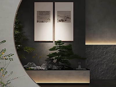 Modern Elevator Hallway Interior With Gray Walls Decorative Paintings And Green Bonsai 3d model