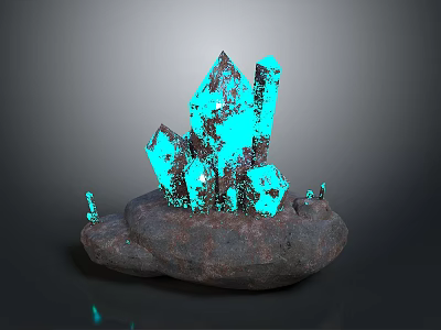 Glowing Blue Crystal Structures On Natural Stone Base With Bright Shiny Highlights 3d model