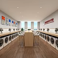 Modern Laundry Shop Interior with Multiple Washing Machines Wooden Table Chairs and Posters