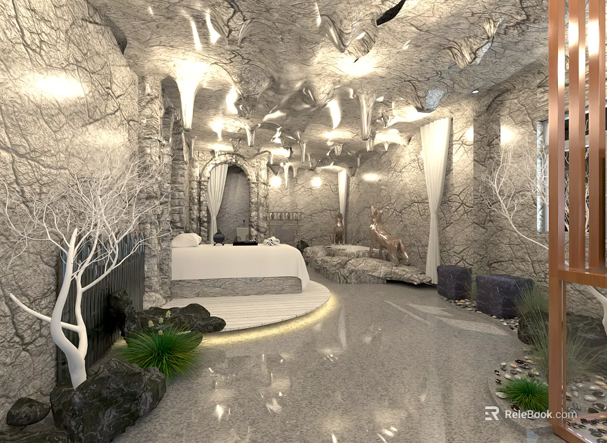Serene SPA Sauna Interior With Stone Walls White Dried Trees And Round Sofa 3d model 