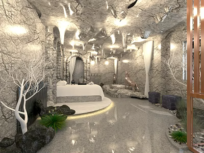 Serene SPA Sauna Interior With Stone Walls White Dried Trees And Round Sofa 3d model