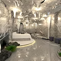 Serene SPA Sauna Interior With Stone Walls White Dried Trees And Round Sofa