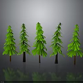 Five Green Paper Pine Trees With Reflections On Gray Background
