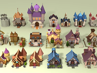 Colorful Cartoon Style Buildings With Various Fairy Tale Castle And Cottage Designs 3d model
