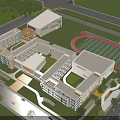 Modern School Building With Multiple Floors Large Glass Windows Teal Stripes And Parking Lot