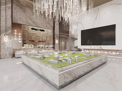Modern Sales Office With Housing Model Display Platform Marble Interior Chandelier And Large Screen 3d model