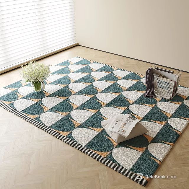 Square Rug Featuring Blue White Yellow Geometric Pattern on Wooden Floor with Vase Magazines Scarf 3d model 