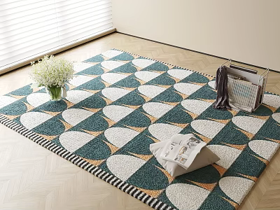 Square Rug Featuring Blue White Yellow Geometric Pattern on Wooden Floor with Vase Magazines Scarf 3d model
