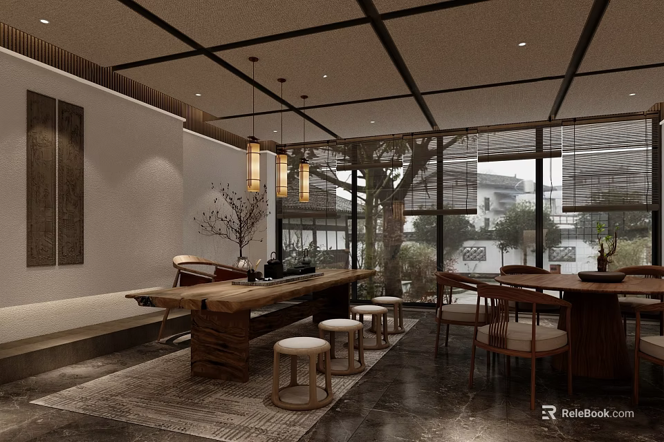 Serene Tea House Interior Featuring Wooden Table Stools Hanging Lamps And Tree View Through Windows 3d model 
