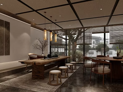 Serene Tea House Interior Featuring Wooden Table Stools Hanging Lamps And Tree View Through Windows 3d model