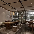 Serene Tea House Interior Featuring Wooden Table Stools Hanging Lamps And Tree View Through Windows