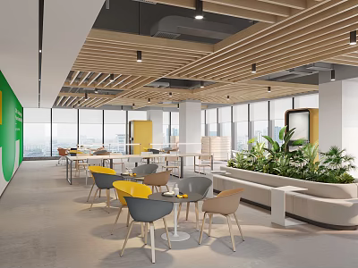 Bright Public Office Space With Green Wall Large Windows Wooden Ceiling Colorful Chairs And Plants 3d model