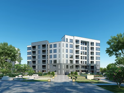 Modern Multistory Residential Building With Glass Facade Green Trees And Landscaped Courtyard 3d model